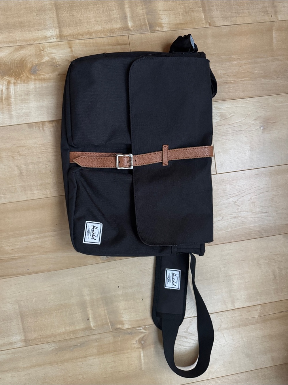 Herschel Supply Company Black Messenger Bag with Brown Strap Accent